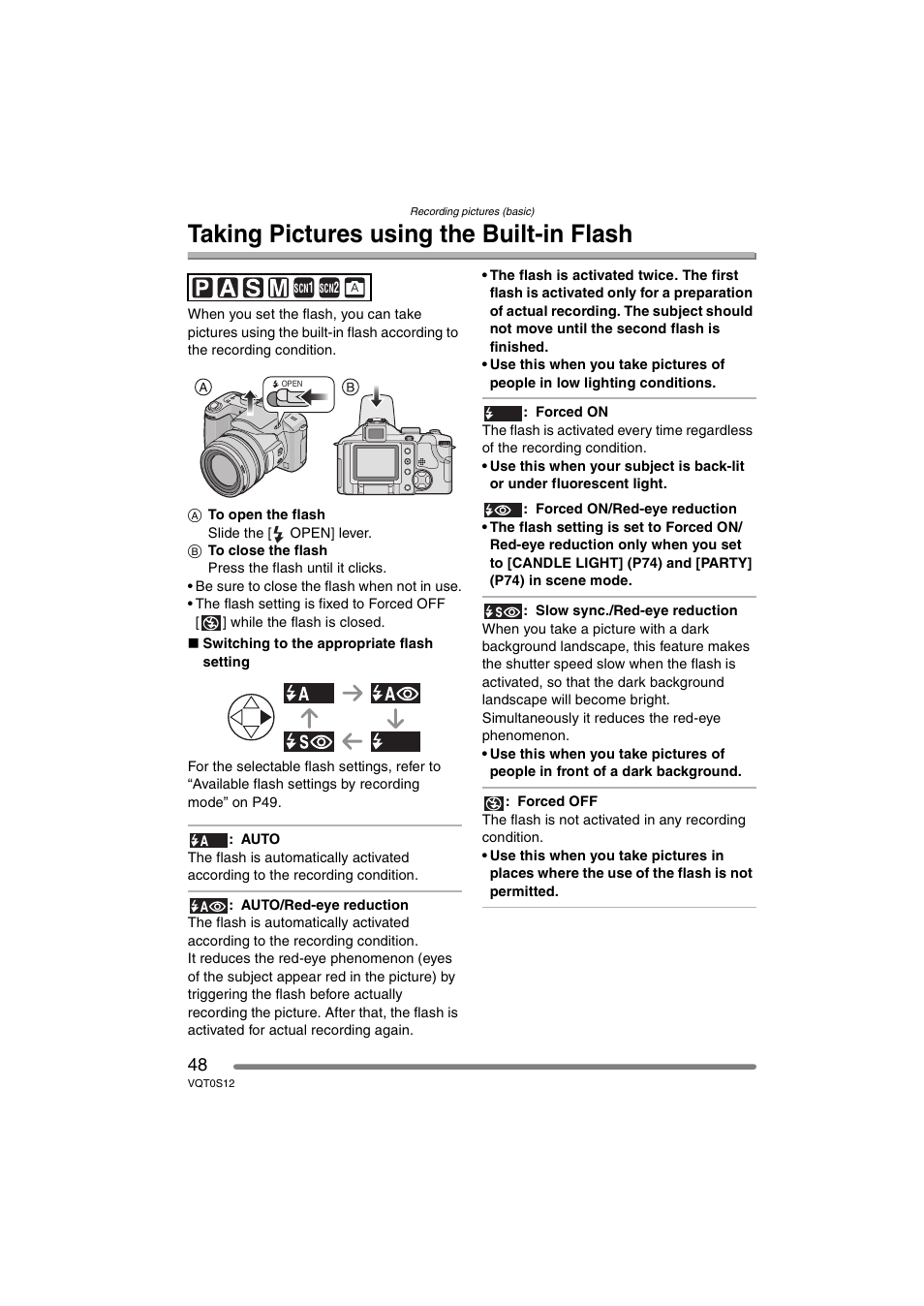 Taking pictures using the built-in flash | Panasonic DMC-FZ30GN User Manual | Page 48 / 136