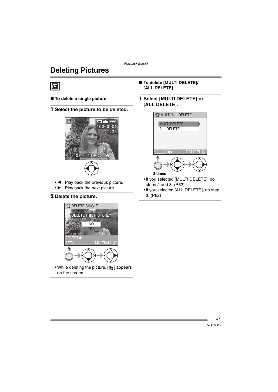 Deleting pictures | Panasonic DMC-FZ30GN User Manual | Page 61 / 136