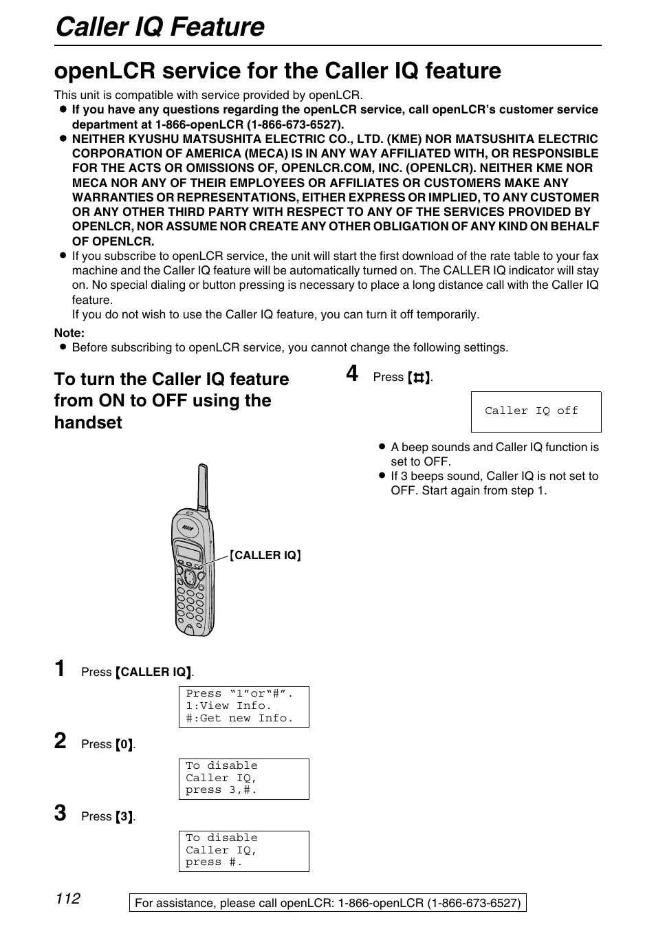 Caller iq feature, Openlcr service for the caller iq feature | Panasonic KX-FPG371 User Manual | Page 112 / 132
