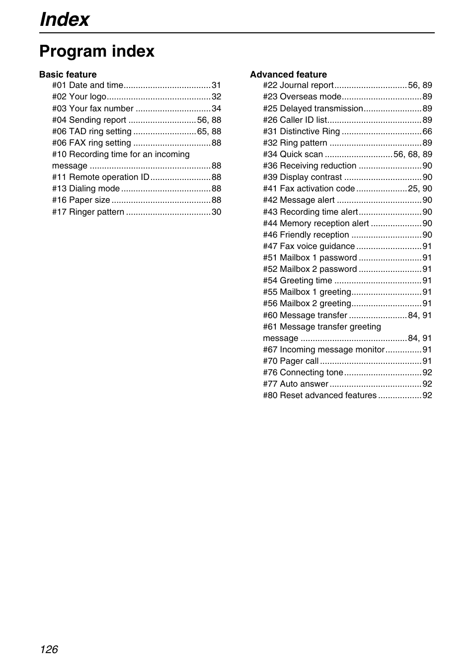 Index, Program index | Panasonic KX-FPG371 User Manual | Page 126 / 132