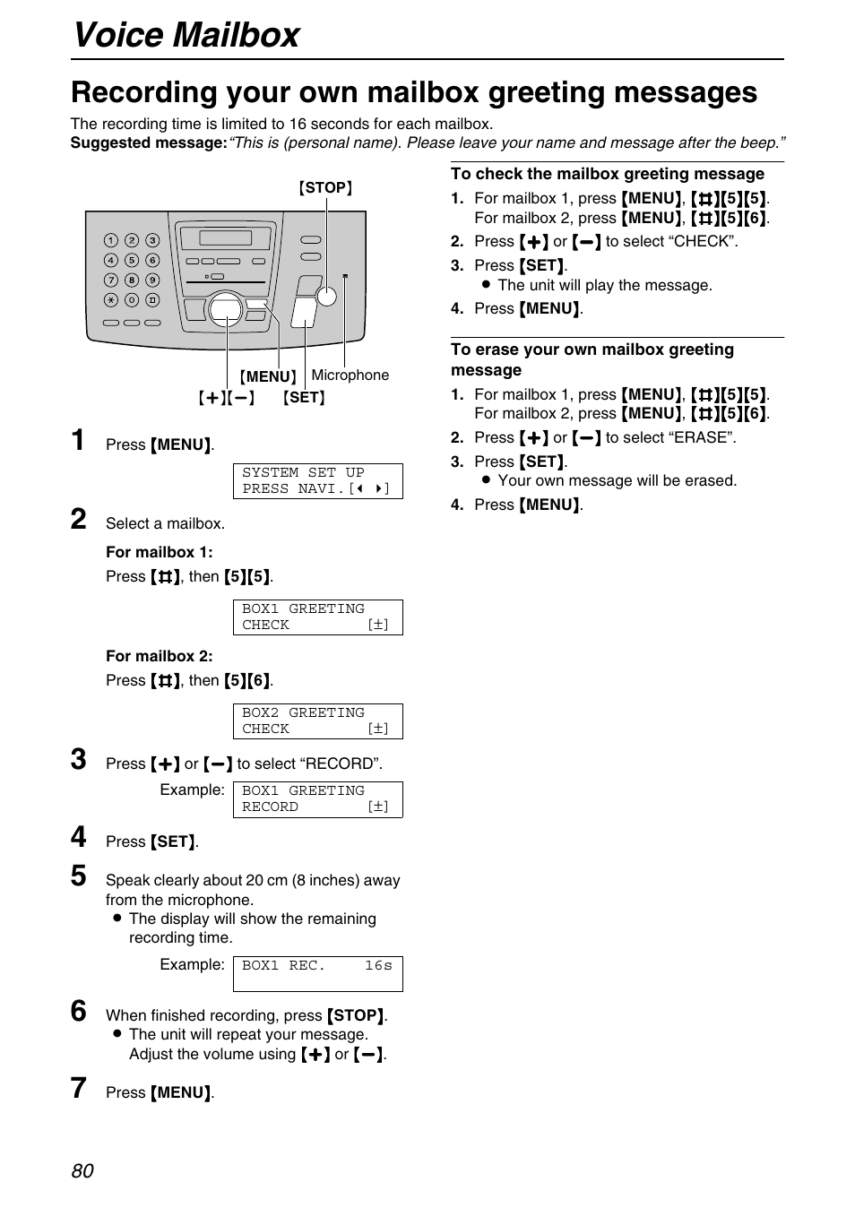 Recording your own mailbox greeting messages, Voice mailbox | Panasonic KX-FPG371 User Manual | Page 80 / 132