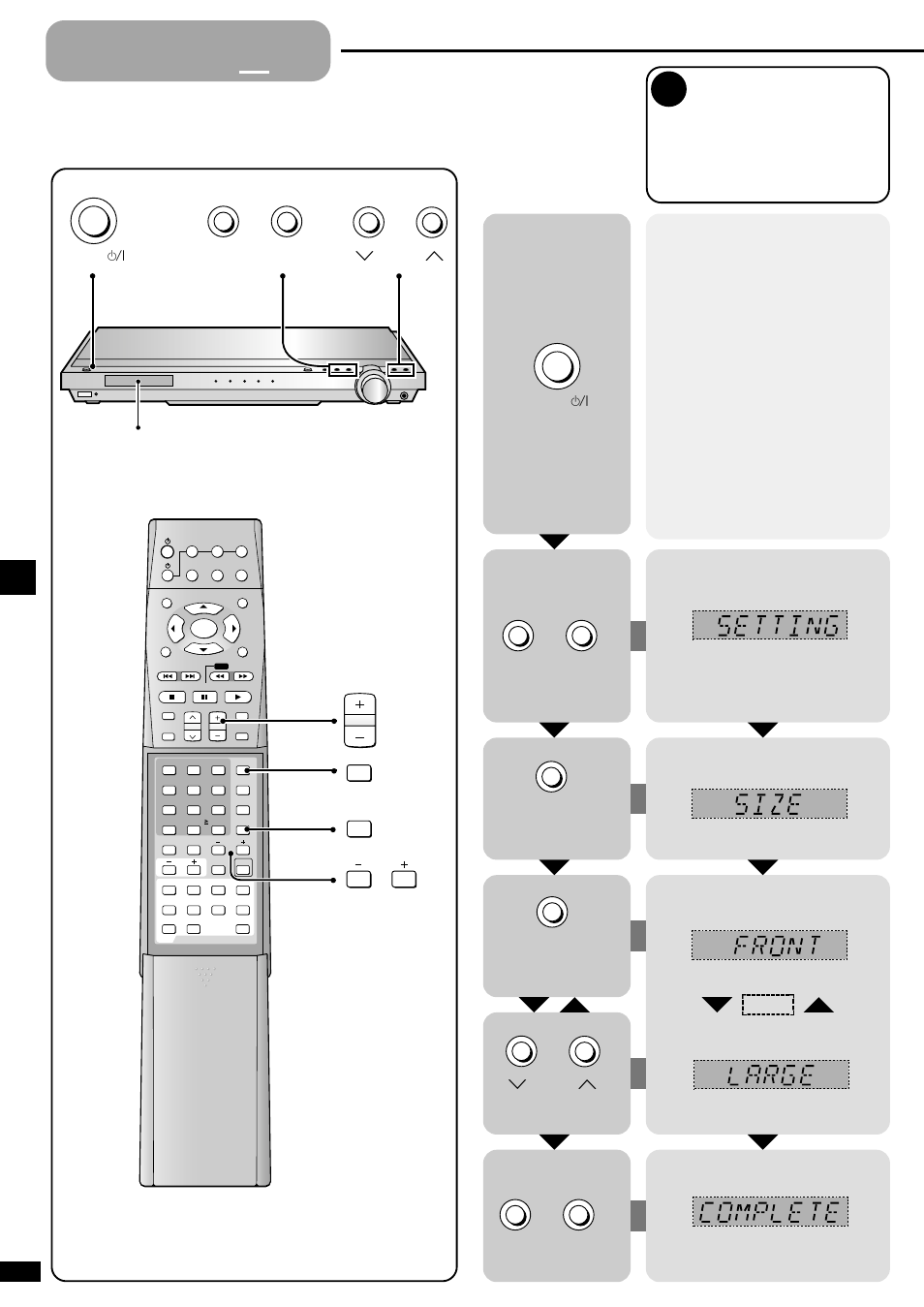 Step 3 - settings, Step, Settings | Size, Enter the setting mode, Exit the setting mode. press at the same time, Display, Step 3 | Panasonic SA-XR10  EN User Manual | Page 8 / 24