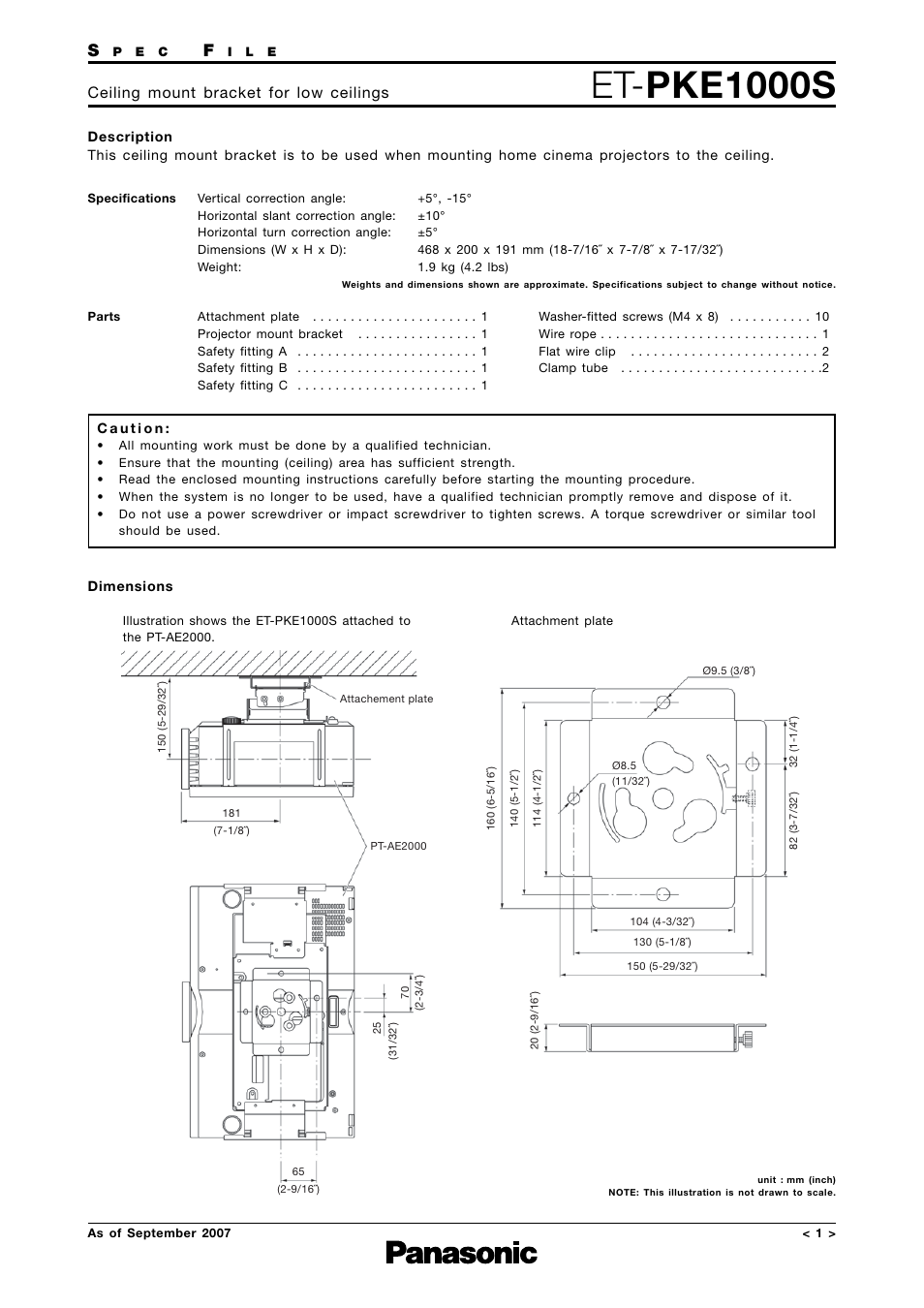 Panasonic Ceiling Mount Bracket ET-PKE1000S User Manual | 1 page