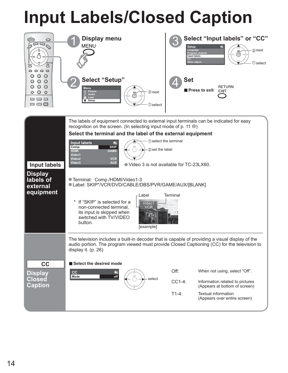 Input labels/closed caption | Panasonic TC-23LX60 User Manual | Page 14 / 67