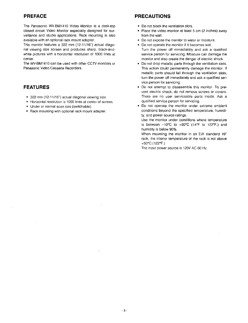 Features, Preface precautions | Panasonic WV-BM1410 User Manual | Page 3 / 10