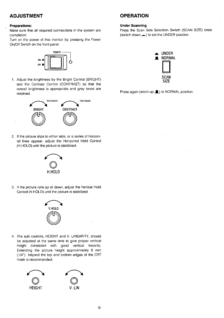 Adjustment operation, Under normal, Scan size | H.hold, Height v. lin | Panasonic WV-BM1410 User Manual | Page 7 / 10