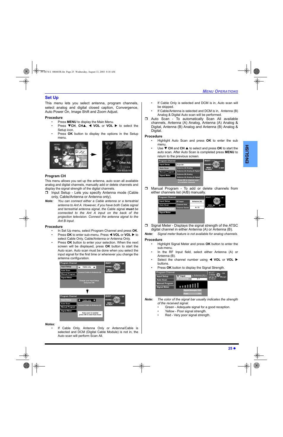 Set up, English set up | Panasonic PT-53WXD63 User Manual | Page 27 / 88