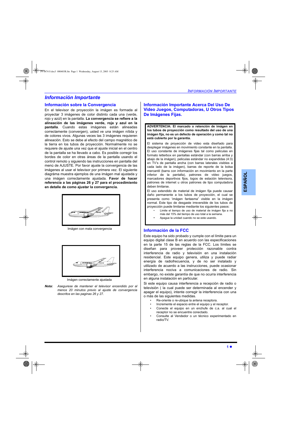 Informacion importante, Informacion sobre la convergencia, Información importante | Panasonic PT-53WXD63 User Manual | Page 39 / 88