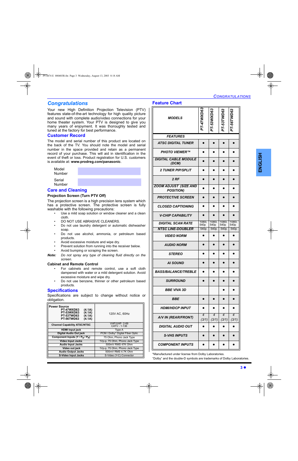 Congratulations, Customer record, Care and cleaning | Specifications, Feature chart | Panasonic PT-53WXD63 User Manual | Page 5 / 88