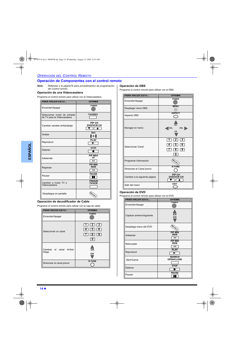 Operacion de componentes con el control remoto | Panasonic PT-53WXD63 User Manual | Page 52 / 88