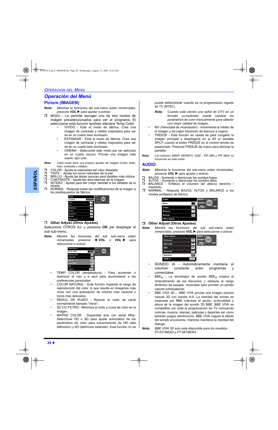 Operacion del menus, Imagen, Audio | Operación del menú, Es p añol, Picture (imagen) | Panasonic PT-53WXD63 User Manual | Page 58 / 88