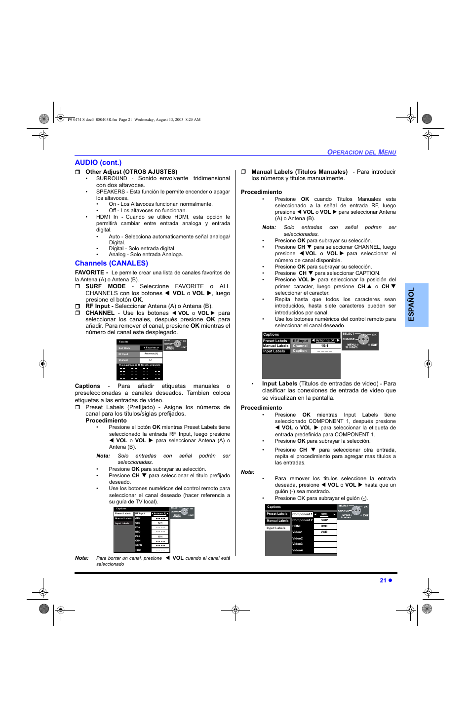 Canales, Es p añol audio (cont.), Channels (canales) | Panasonic PT-53WXD63 User Manual | Page 59 / 88