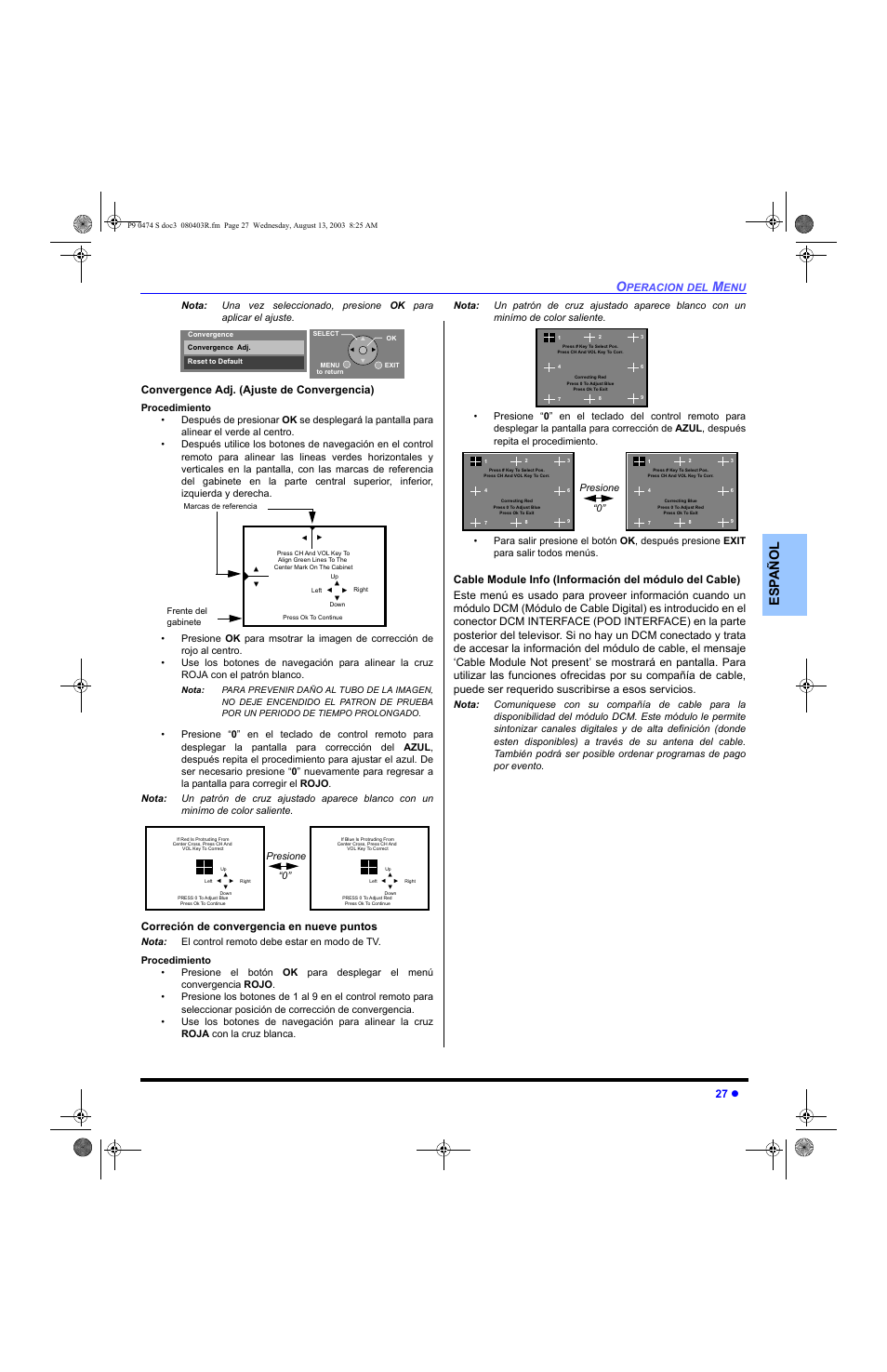 Es p añol, Peracion, Enu 27 z | Convergence adj. (ajuste de convergencia), Correción de convergencia en nueve puntos | Panasonic PT-53WXD63 User Manual | Page 65 / 88
