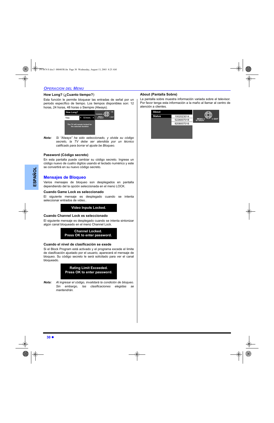 Es p añol, Mensajes de bloqueo | Panasonic PT-53WXD63 User Manual | Page 68 / 88