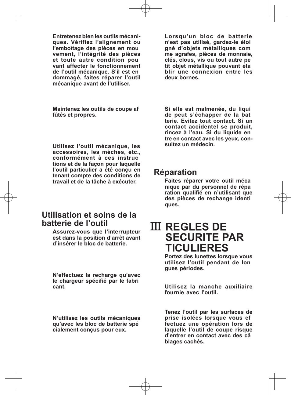 Regles de securite par- ticulieres, Utilisation et soins de la batterie de l’outil, Réparation | Panasonic EY7840 User Manual | Page 19 / 48