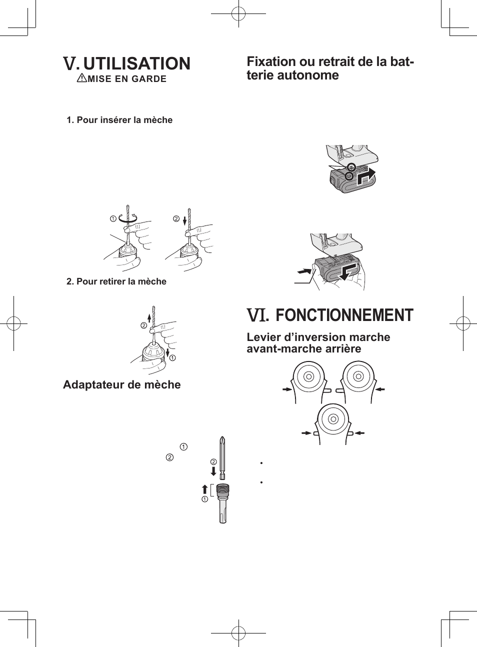 Utilisation, Fonctionnement, Fixation ou retrait de la bat- terie autonome | Adaptateur de mèche, Levier d’inversion marche avant-marche arrière | Panasonic EY7840 User Manual | Page 23 / 48