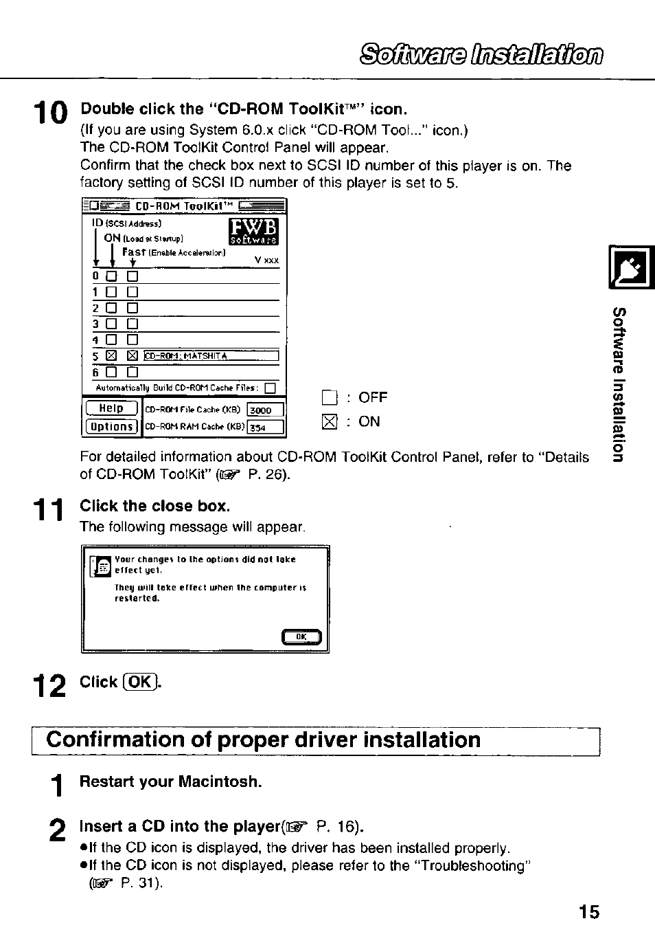 Double click the “cd-rom toolkit™” icon, 11 click the close box, 12 click foin | Confirmation of proper driver installation, Insert a cd into the player([iir p. 16) | Panasonic KXL-783M User Manual | Page 15 / 44