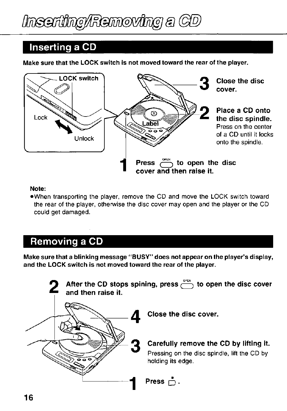 Inserting a cd, Removing a cd | Panasonic KXL-783M User Manual | Page 16 / 44