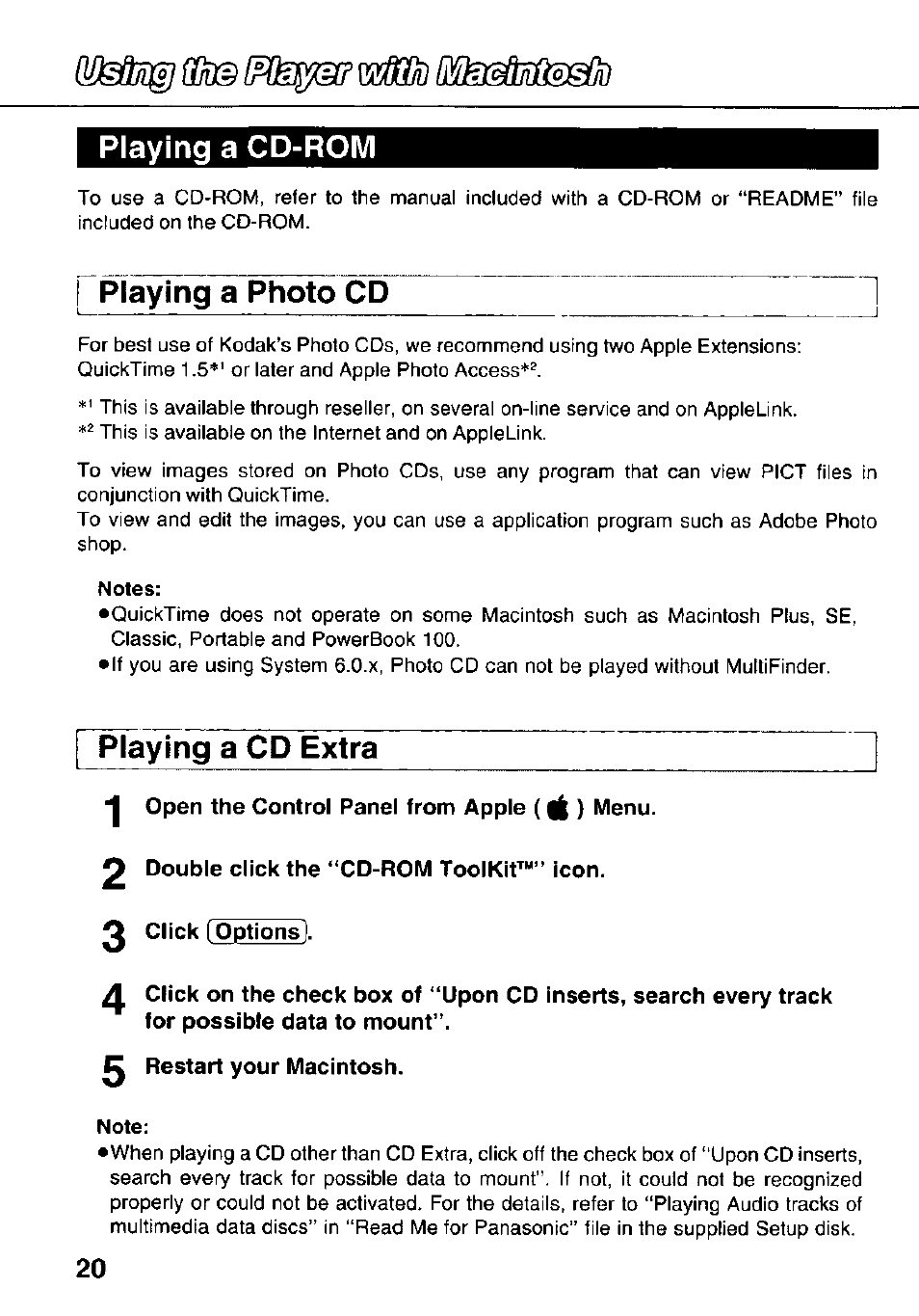Playing a cd-rom, Playing a photo cd, Playing a cd extra | Panasonic KXL-783M User Manual | Page 20 / 44