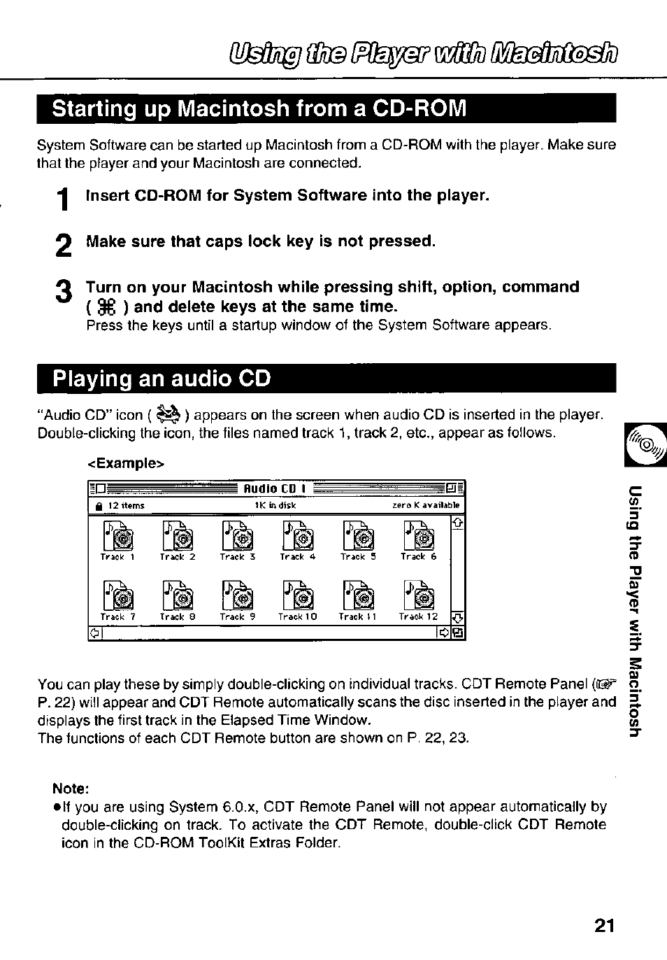 Starting up macintosh from a cd-rom, Playing an audio cd, Note | Panasonic KXL-783M User Manual | Page 21 / 44
