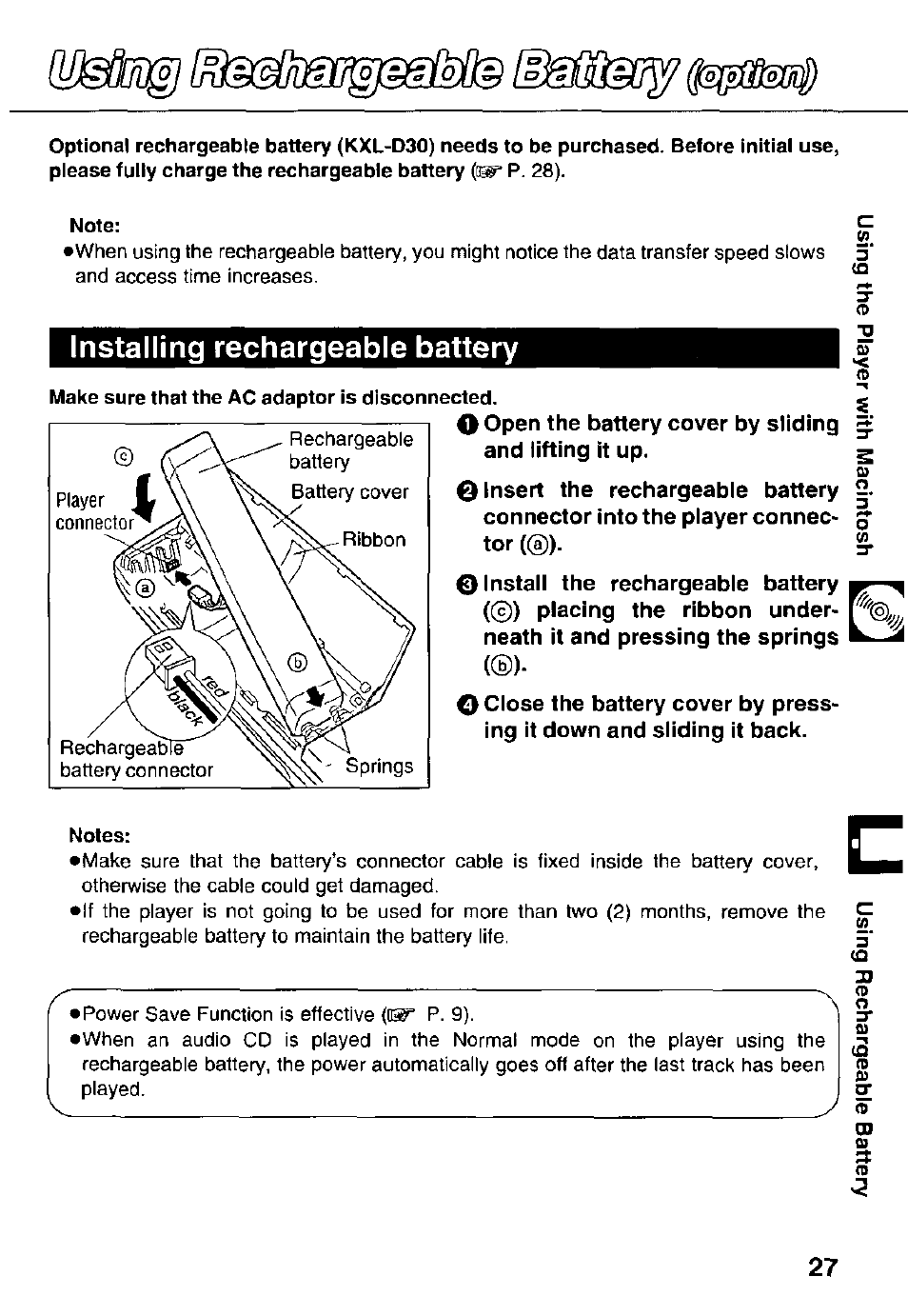 Note, Installing rechargeable battery, Notes | Make sure that the ac adaptor is disconnected | Panasonic KXL-783M User Manual | Page 27 / 44