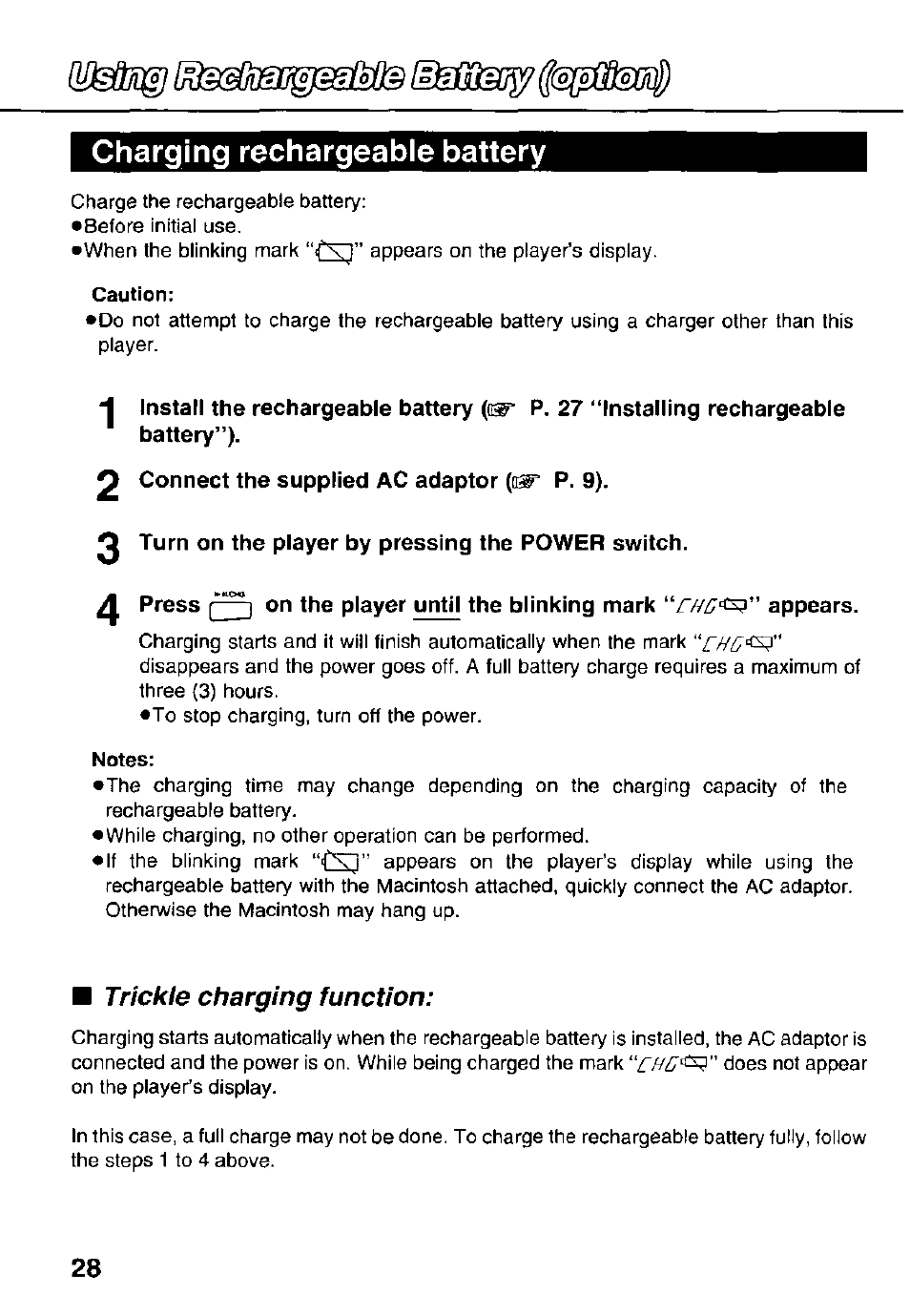 Charging rechargeable battery, Trickle charging function | Panasonic KXL-783M User Manual | Page 28 / 44