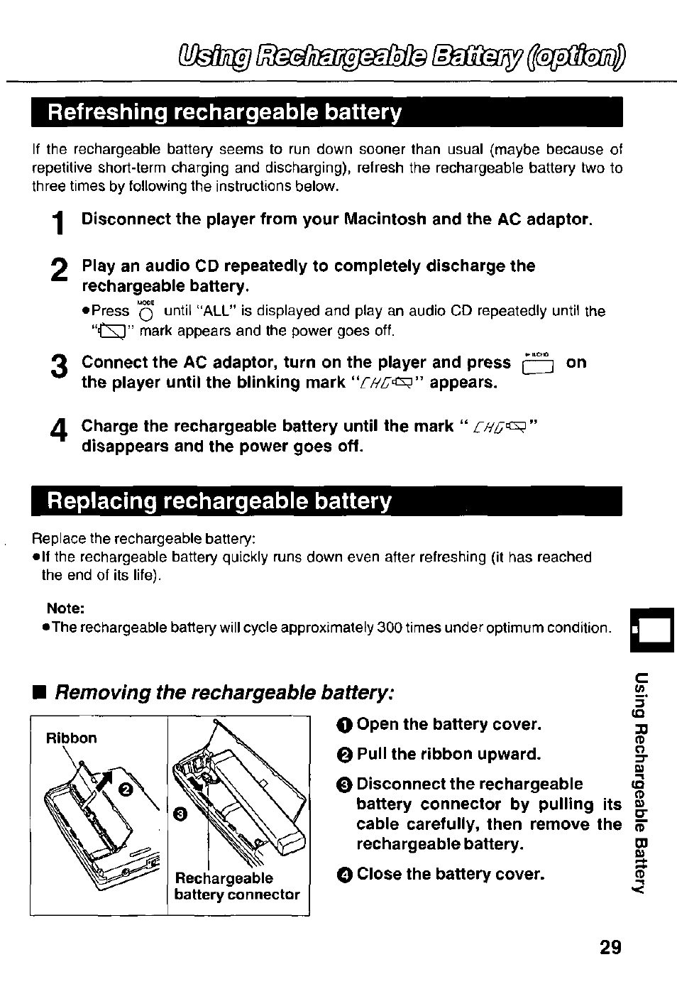 Refreshing rechargeable battery, Replacing rechargeable battery, Removing the rechargeable battery | Panasonic KXL-783M User Manual | Page 29 / 44