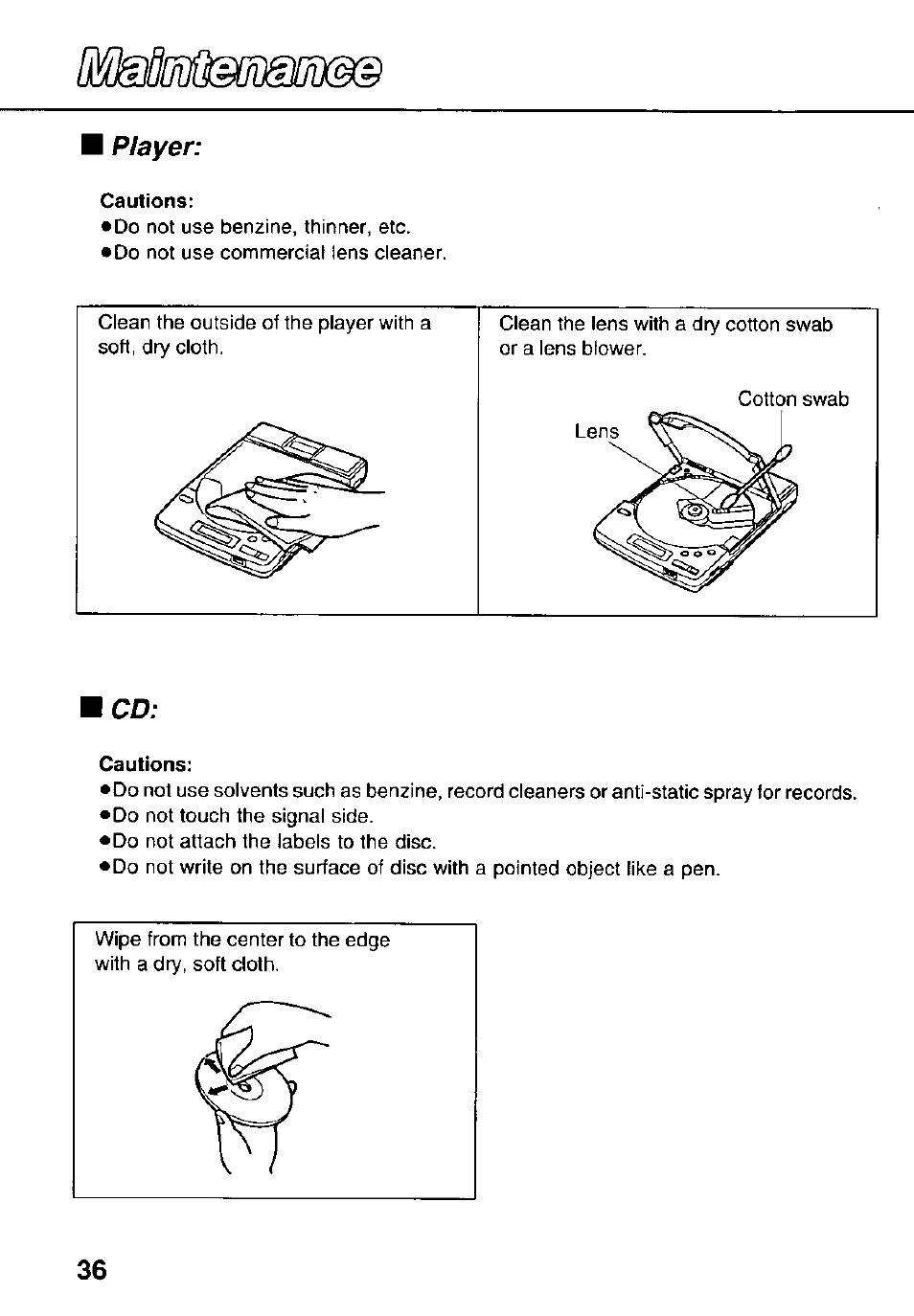 Cautions, Player | Panasonic KXL-783M User Manual | Page 36 / 44