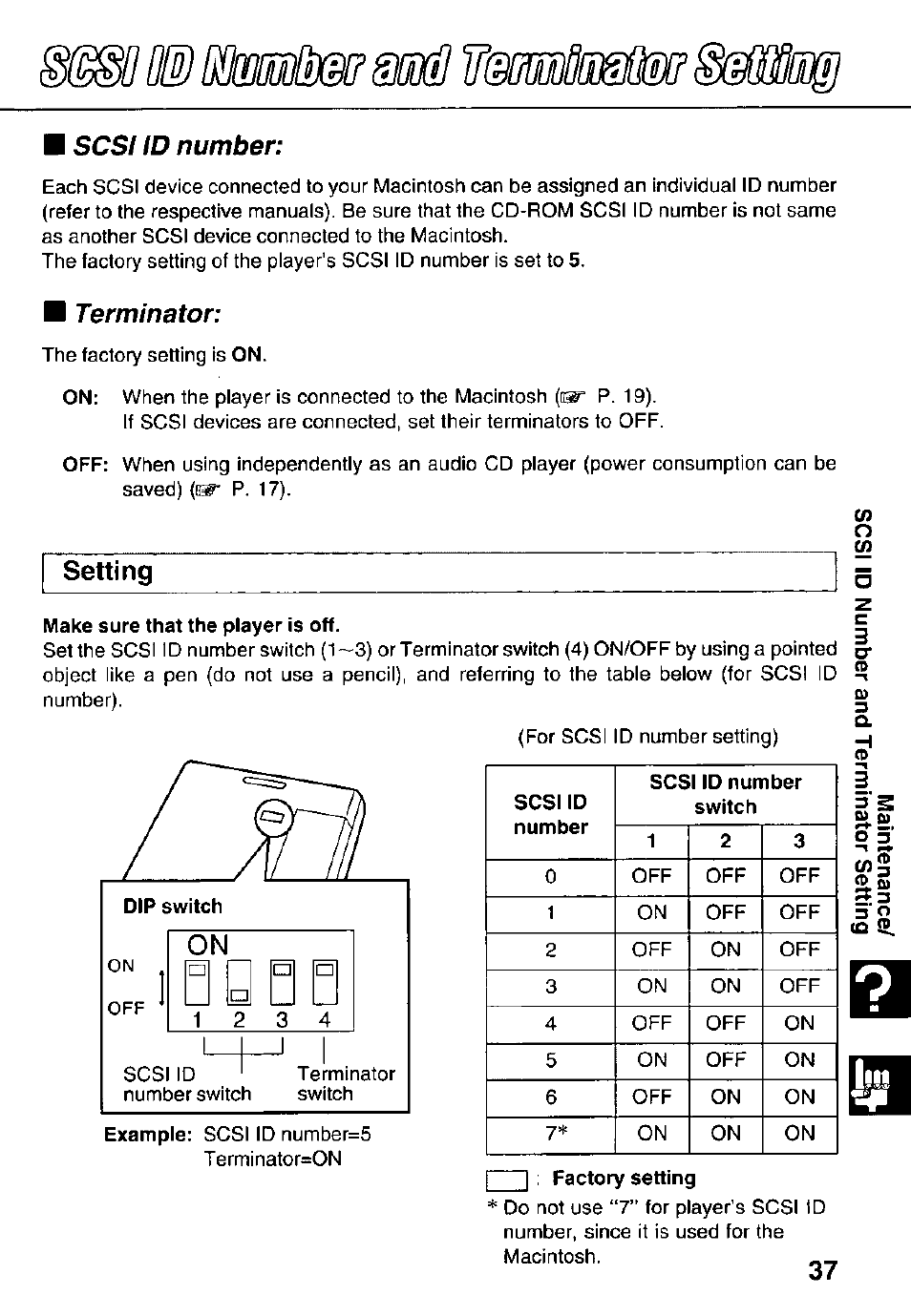 Setting, Scsi id number, Terminator | Panasonic KXL-783M User Manual | Page 37 / 44