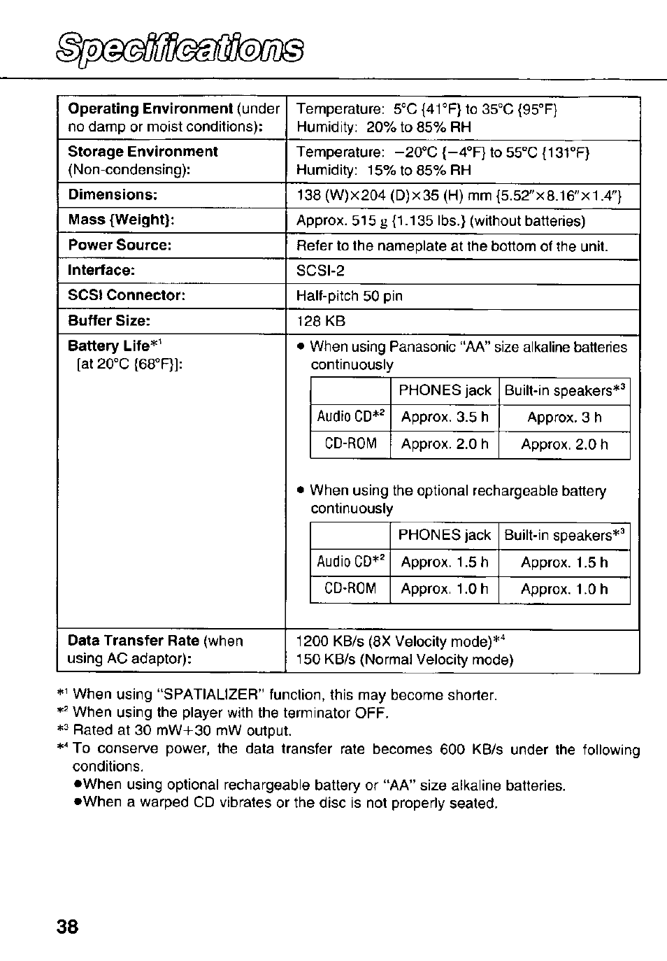 Dimensions, Power source, Interface | Scsi connector, Buffer size | Panasonic KXL-783M User Manual | Page 38 / 44