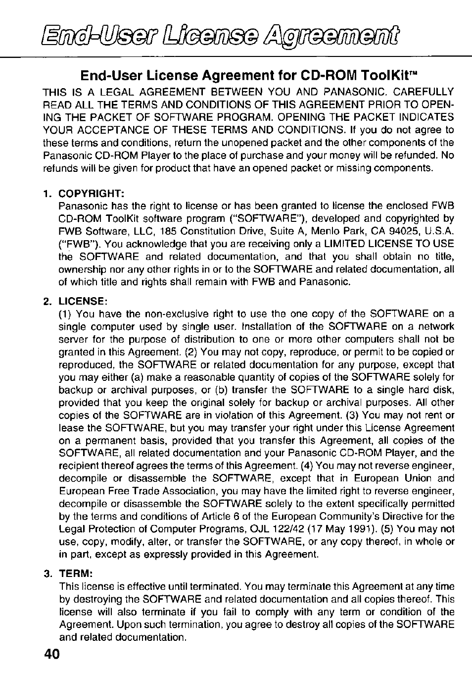 End-user license agreement for cd-rom toolkif, Copyright, License | Term | Panasonic KXL-783M User Manual | Page 40 / 44
