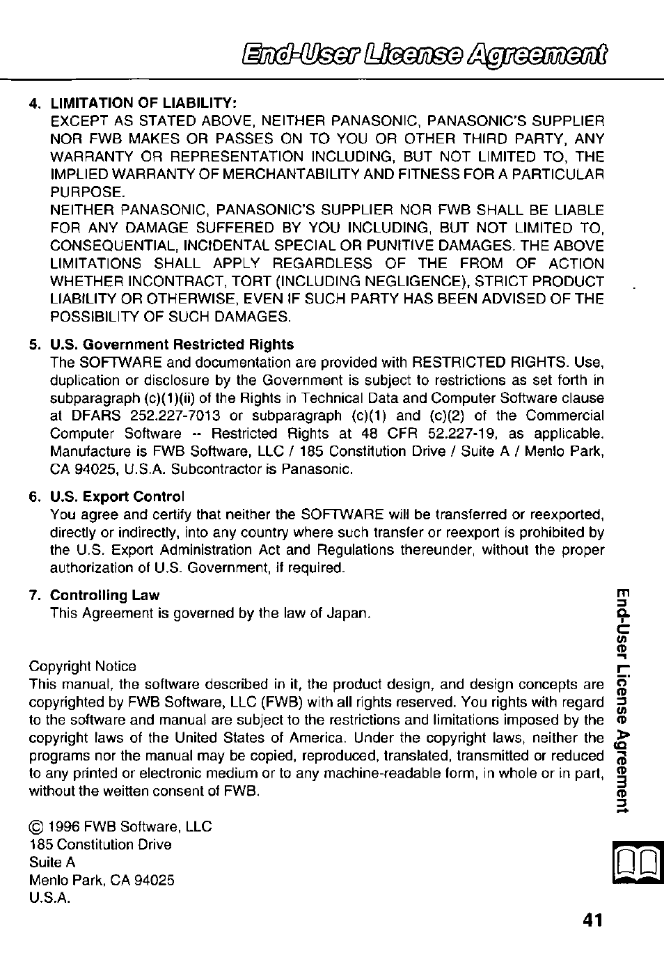 Limitation of liability, U.s. government restricted rights, U.s. export control | Controlling law | Panasonic KXL-783M User Manual | Page 41 / 44