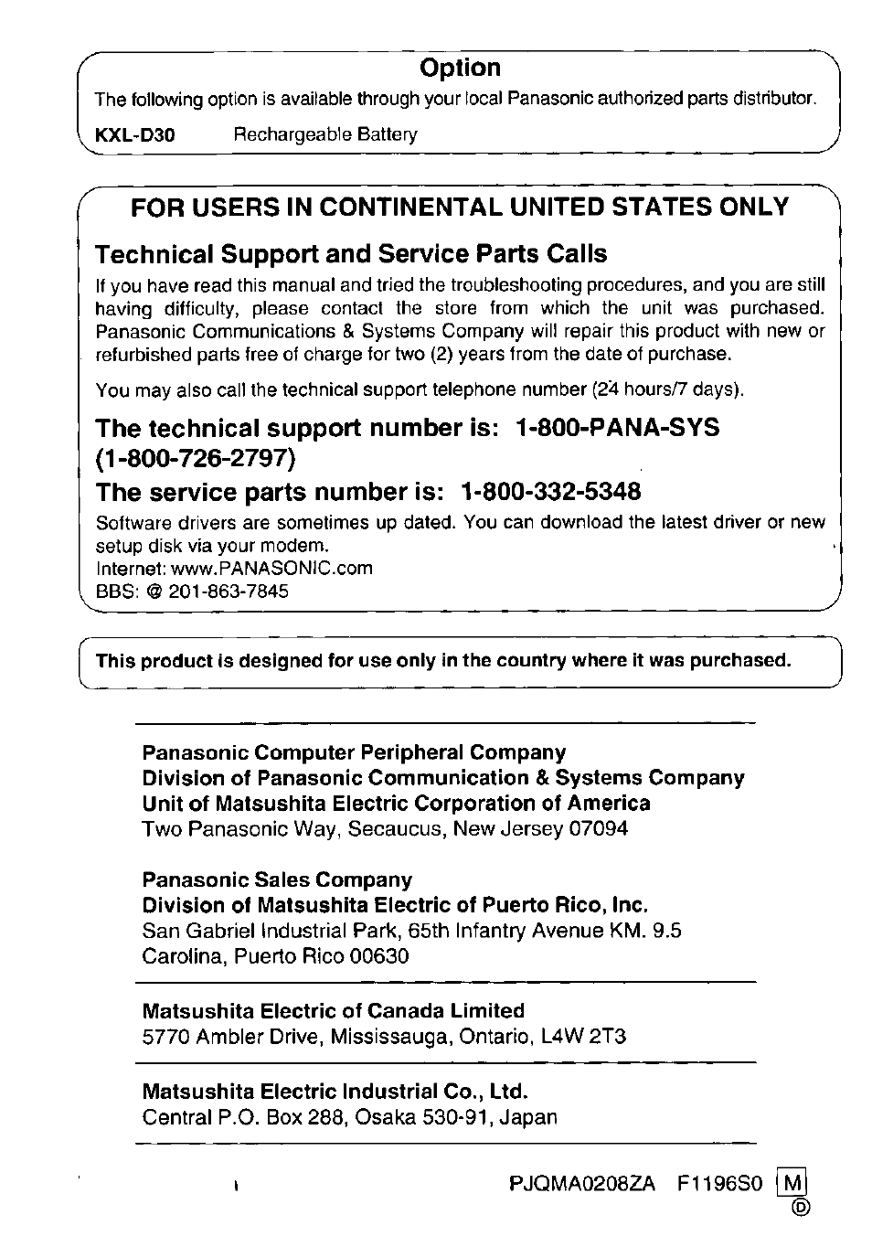 Option, The service parts number is: 1-800-332-5348 | Panasonic KXL-783M User Manual | Page 44 / 44