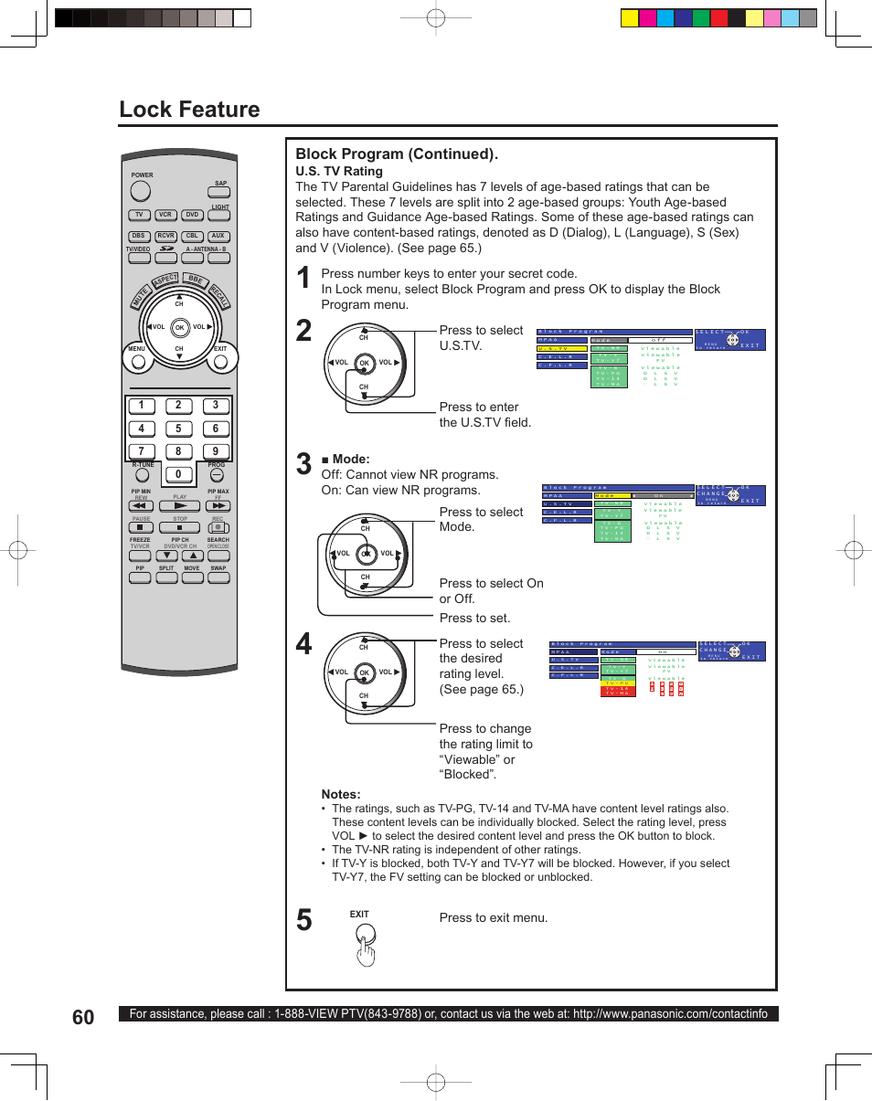 Lock feature, Block program (continued), Press to select u.s.tv | Press to enter the u.s.tv fi eld, Press to exit menu, Press to set | Panasonic PT 60LCX64 User Manual | Page 60 / 112