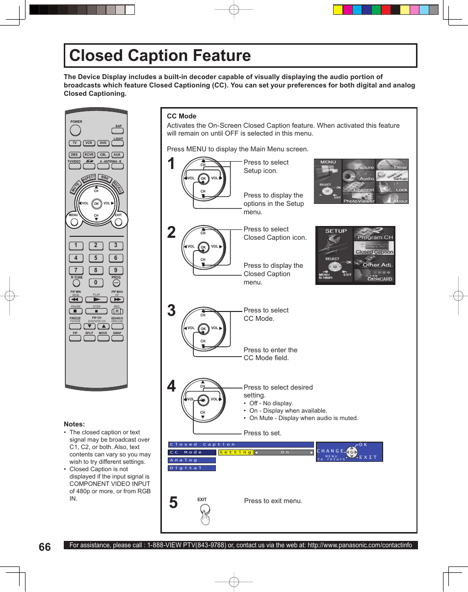 Closed caption feature | Panasonic PT 60LCX64 User Manual | Page 66 / 112