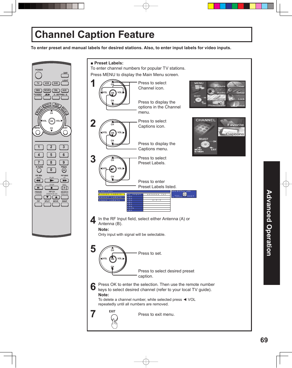 Channel caption feature, 69 advanced op er a tion | Panasonic PT 60LCX64 User Manual | Page 69 / 112