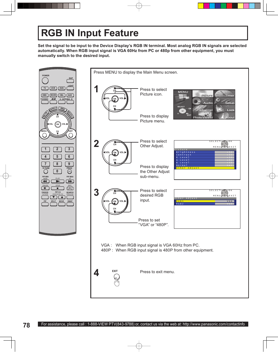 Rgb in input feature, Press to display the other adjust sub-menu | Panasonic PT 60LCX64 User Manual | Page 78 / 112