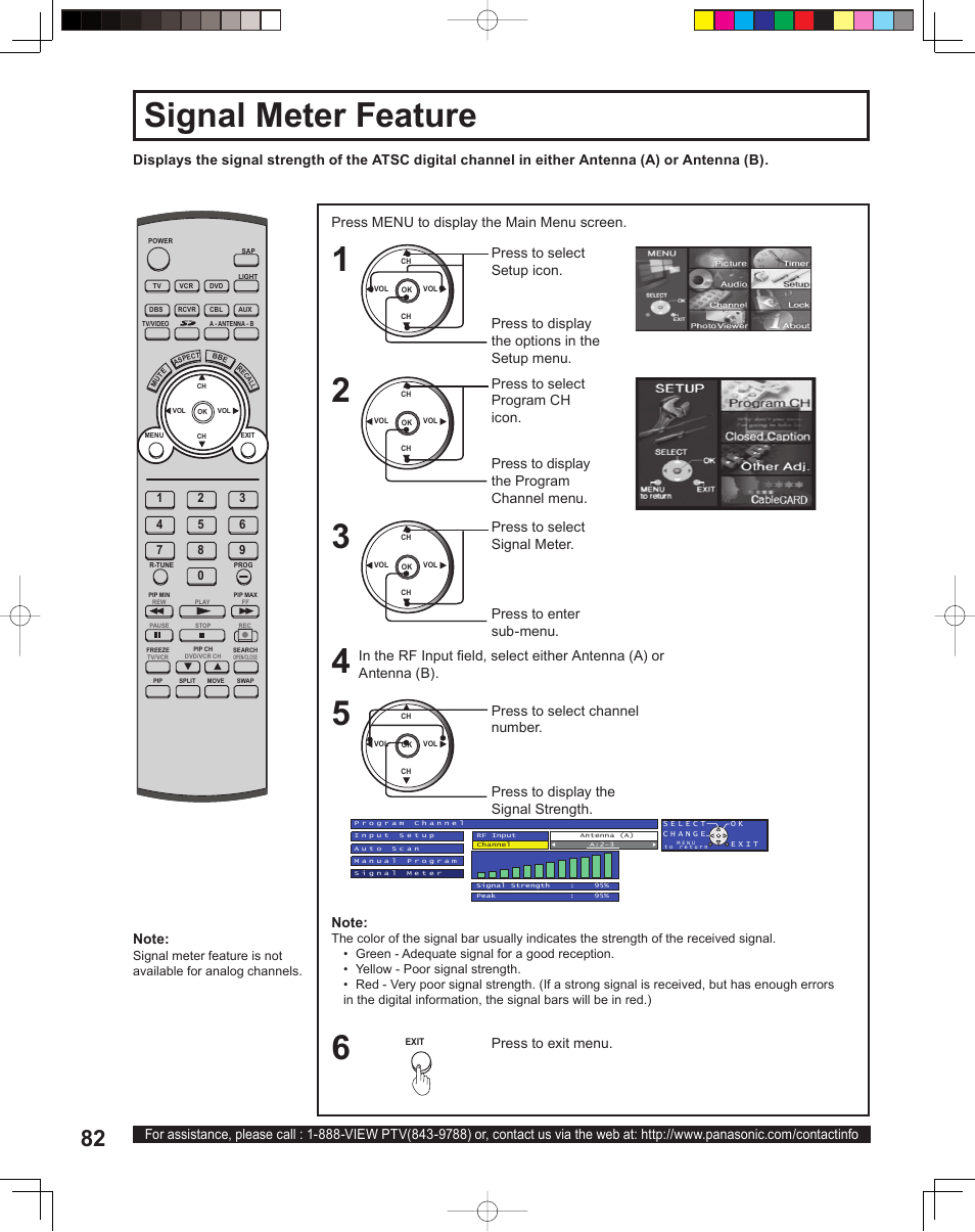 Signal meter feature, 2signal meter feature, Press to exit menu | Panasonic PT 60LCX64 User Manual | Page 82 / 112