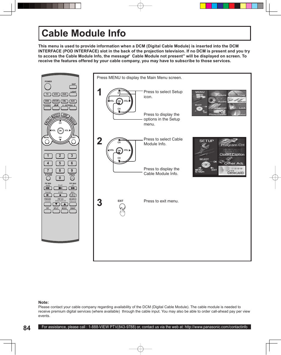Cable module info, Press to exit menu | Panasonic PT 60LCX64 User Manual | Page 84 / 112