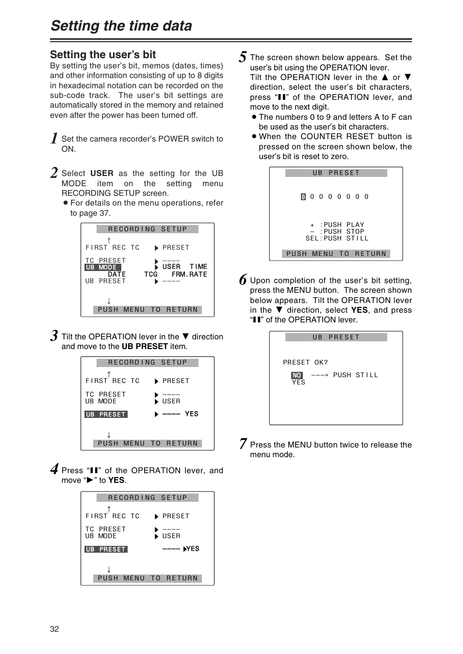 Setting the time data, Setting the user’s bit | Panasonic AG-DVX100 P User Manual | Page 32 / 68
