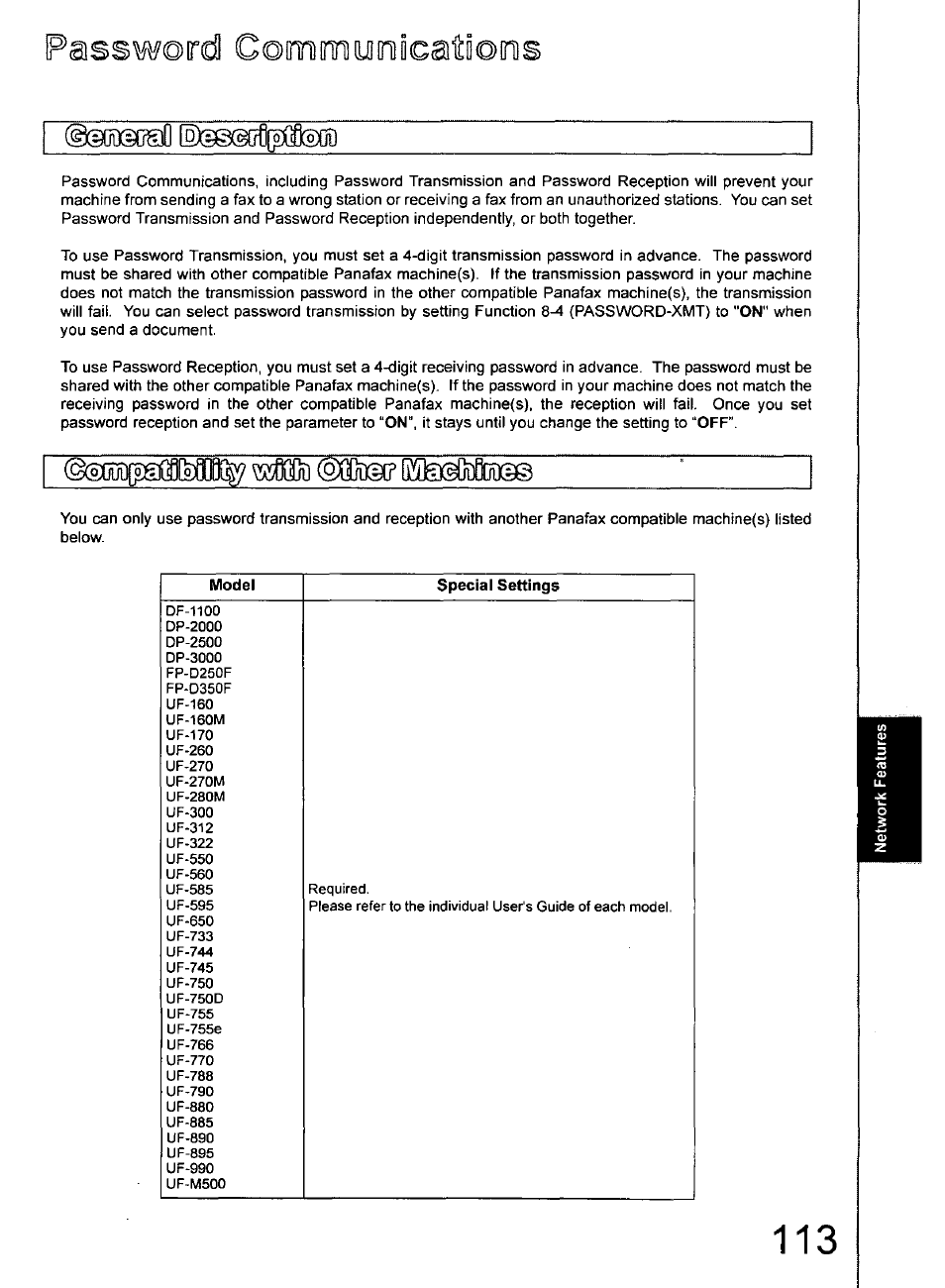 Model, Special settings, Password commyoicatioim | Panasonic 990 User Manual | Page 113 / 170