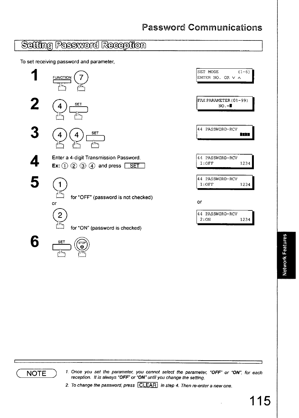 To set receiving password and parameter, For "off" (password is not checked), For "on" (password is checked) | Password commuiniicaiioinis | Panasonic 990 User Manual | Page 115 / 170