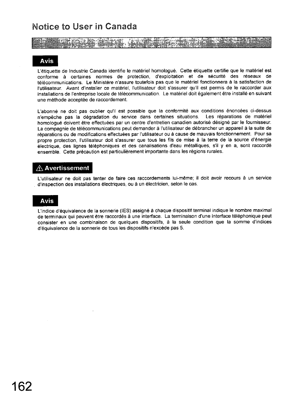 Avis, A avertissement, Notice to user in canada | Panasonic 990 User Manual | Page 162 / 170