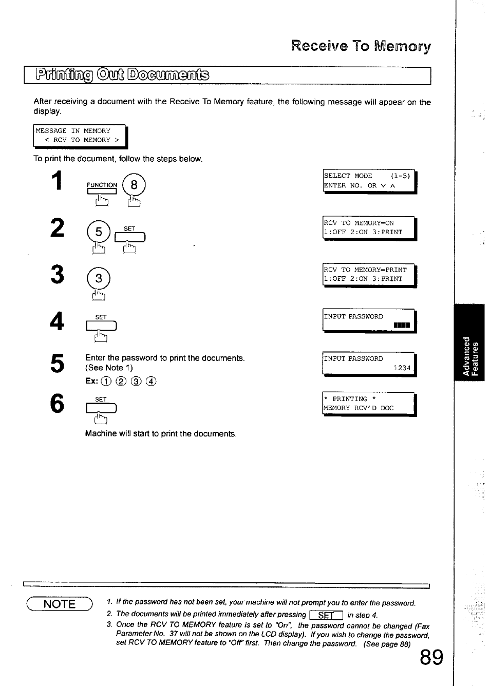 To print the document, follow the steps below, Ex: © @ d), Machine will start to print the documents | Receive to r/iemoty | Panasonic 990 User Manual | Page 89 / 170