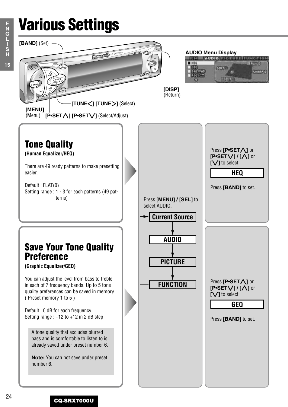 Various settings, Tone quality, Save your tone quality preference | Function picture audio current source | Panasonic CQ-SRX7000U User Manual | Page 20 / 54