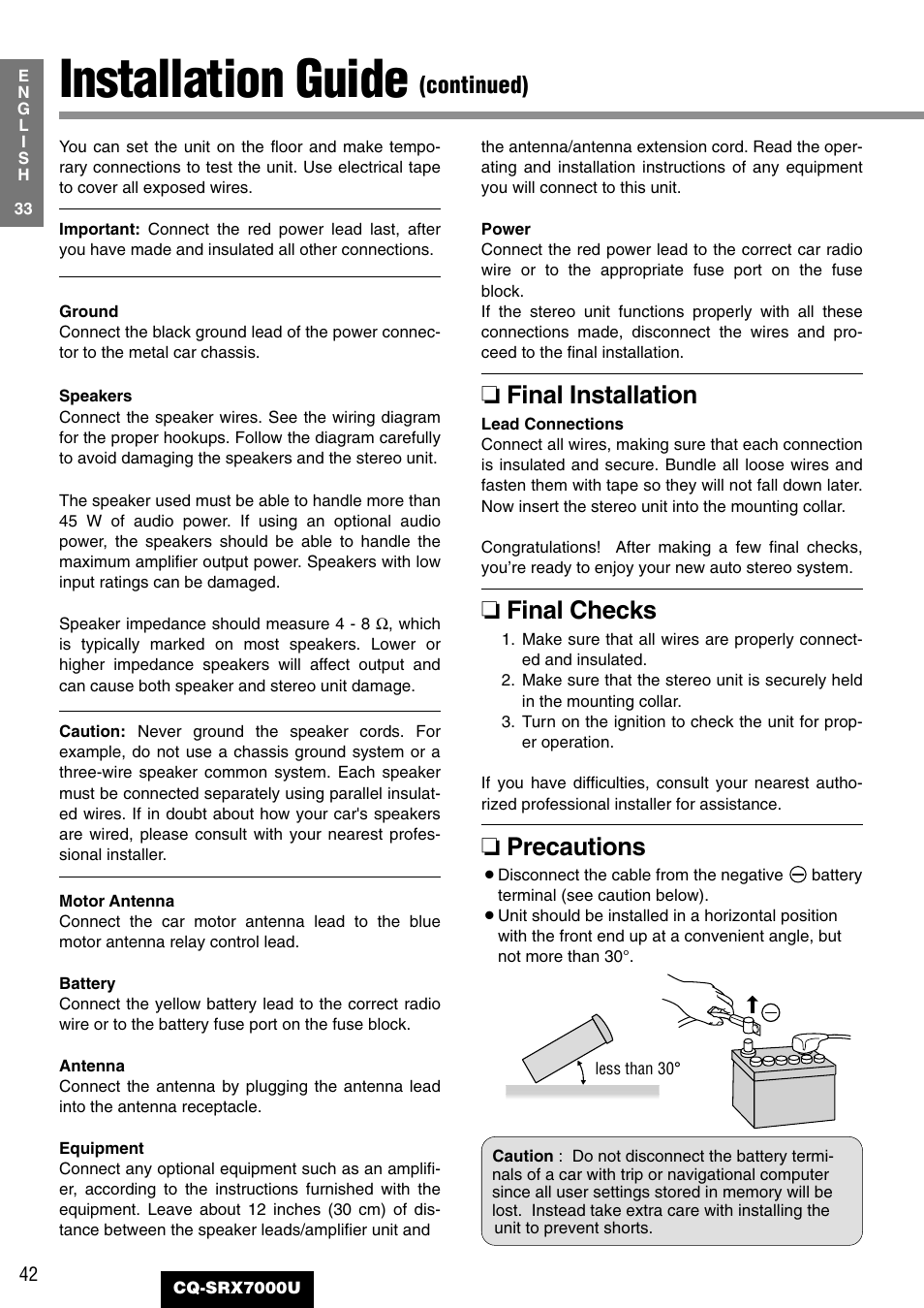 Installation guide, Final installation, Final checks | Precautions, Continued) | Panasonic CQ-SRX7000U User Manual | Page 38 / 54