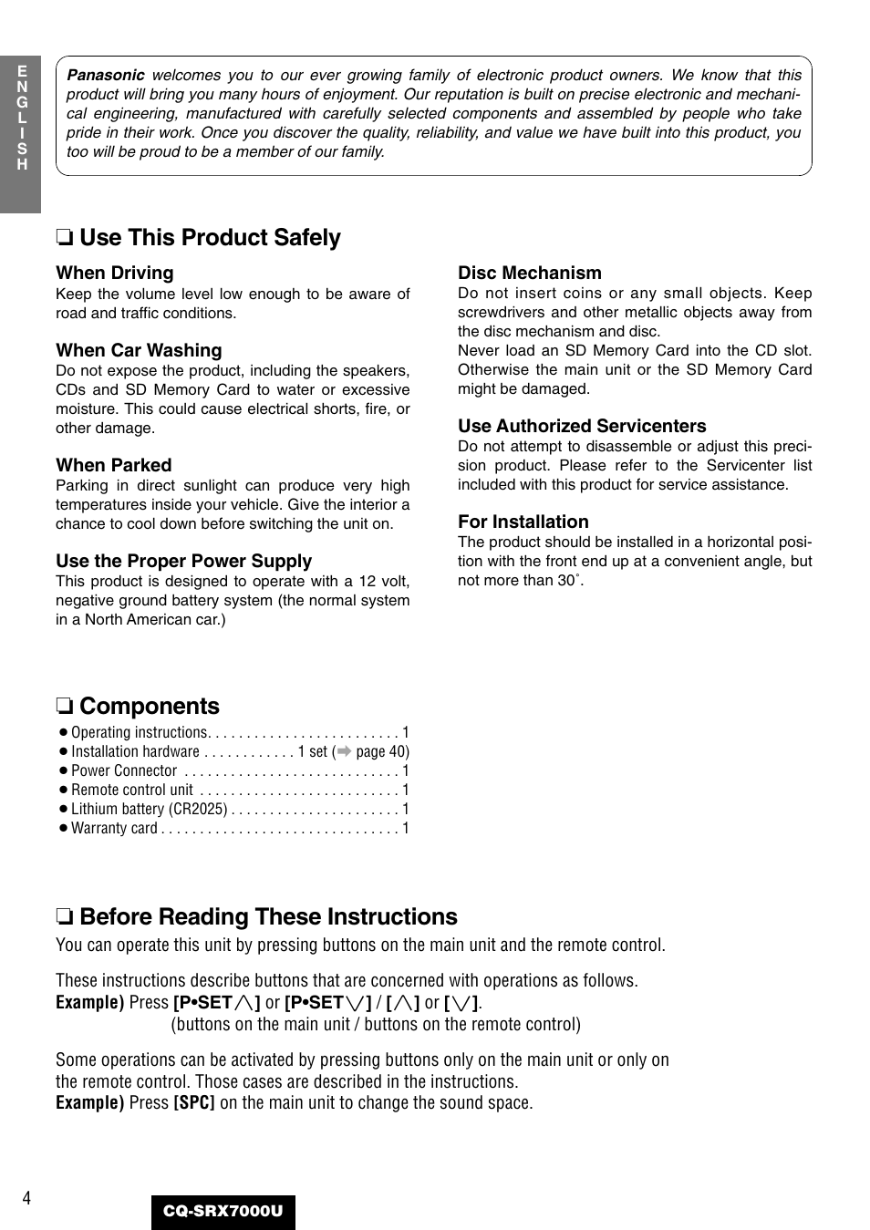 Components | Panasonic CQ-SRX7000U User Manual | Page 4 / 54