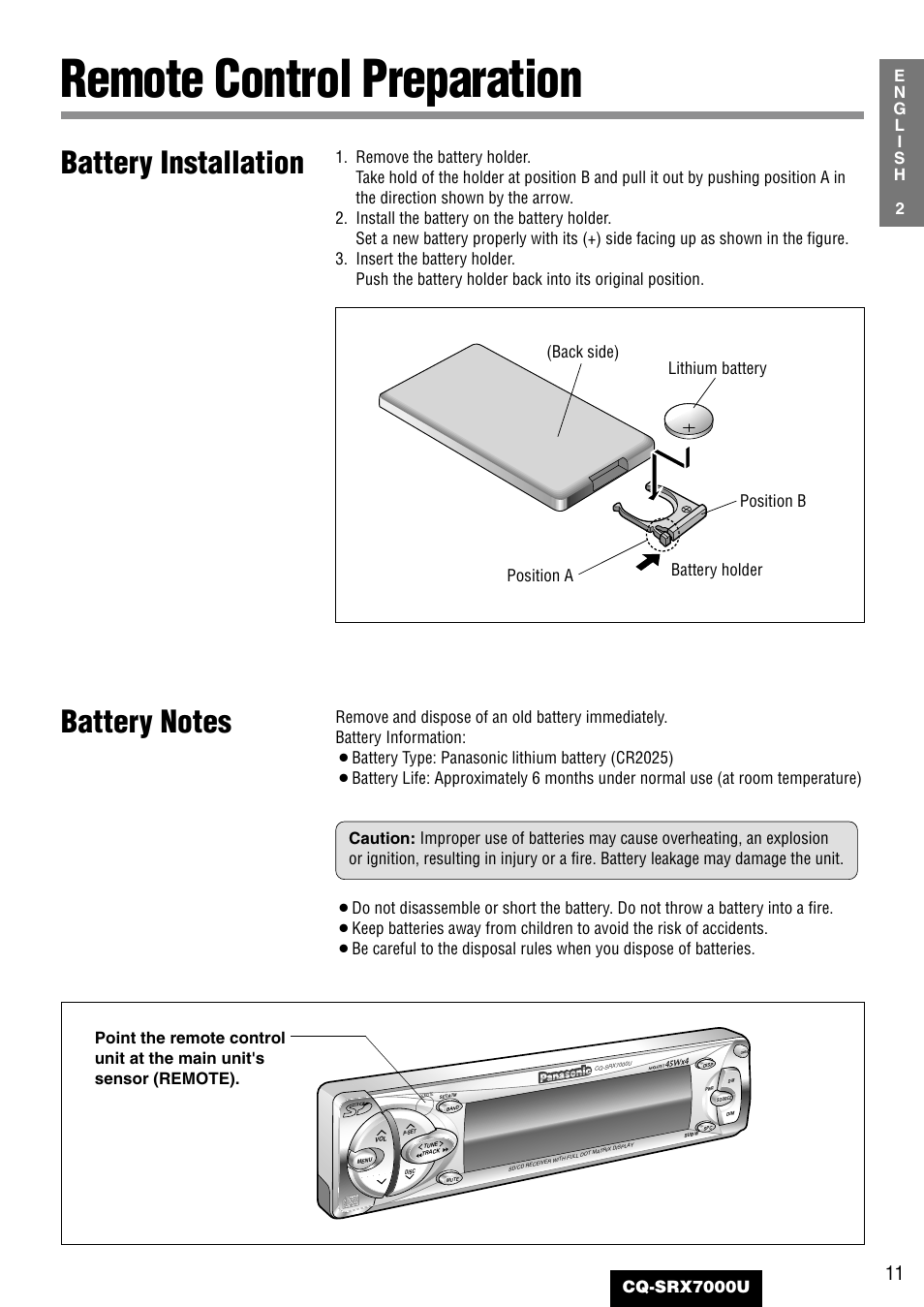 Remote control preparation, Battery installation | Panasonic CQ-SRX7000U User Manual | Page 7 / 54