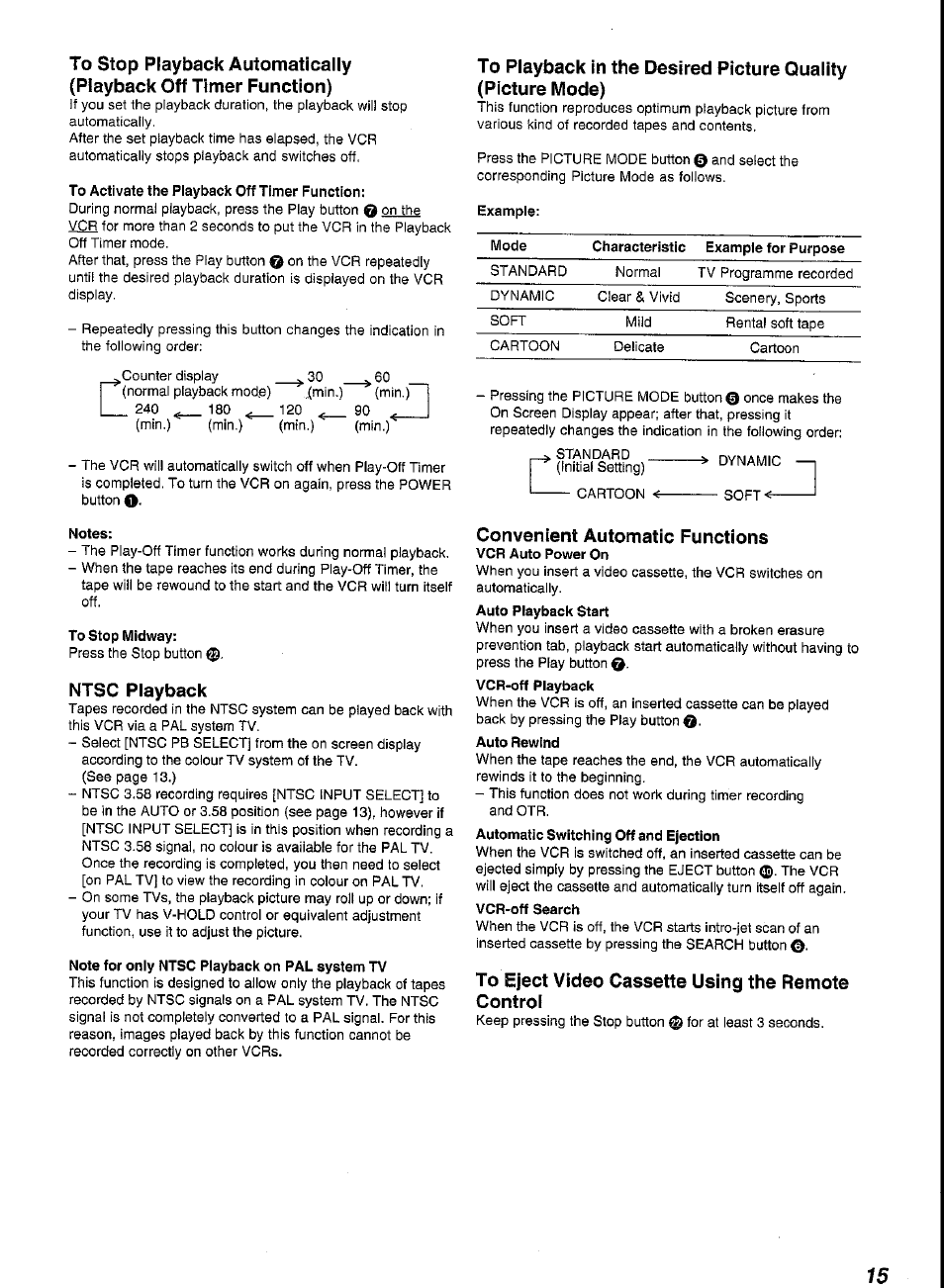 To activate the playback off timer function, Notes, To stop midway | Note for only ntsc playback on pal system tv, Example, Auto rewind, Vcr-off search, Ntsc playback, Convenient automatic functions | Panasonic G-CODE NV-FJ620 User Manual | Page 15 / 28