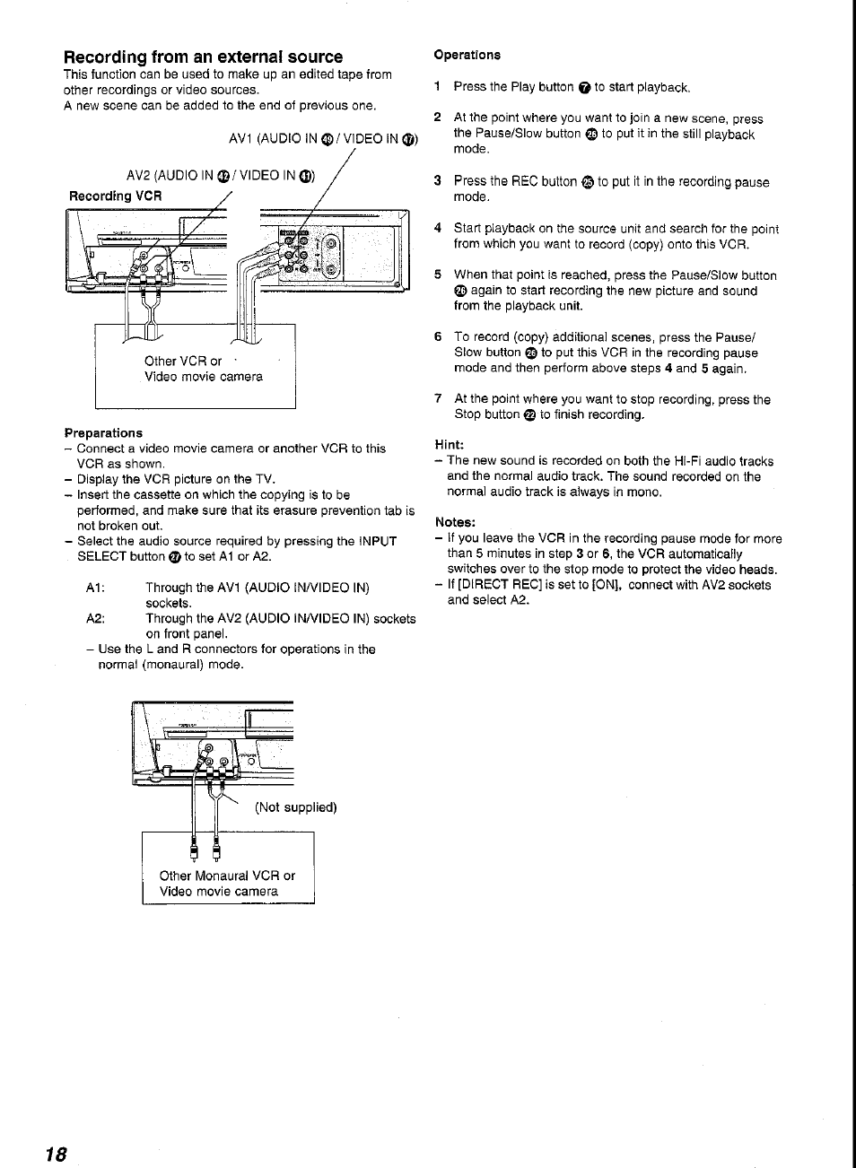 Preparations, Operations, Notes | Recording from an external source | Panasonic G-CODE NV-FJ620 User Manual | Page 18 / 28